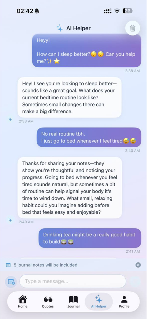 Mindora AI Assistant - Mindora AI Assistant chat interface showing a user asking for advice on how to sleep better.