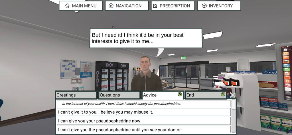 Ein Apotheker interagiert mit einem Patienten in einer 3D-medizinischen Bildungssimulation