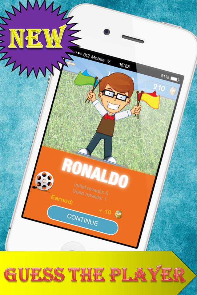 El Clasico Legends Quiz 2013/2014 - Top 11 Dream League Soccer Teams of UEFA football History - 選手ロナウドの正解が表示されたモバイルサッカー雑学クイズゲーム画面、漫画のキャラクターがお祝いしている