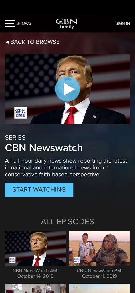 CBN Family - Videos and News - Screenshot of the CBN Newswatch series on the CBN Family app featuring conservative faith-based news.