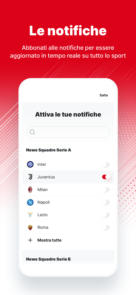 Configuración de notificaciones para clubes de fútbol italianos de la Serie A en la app Corriere dello Sport.