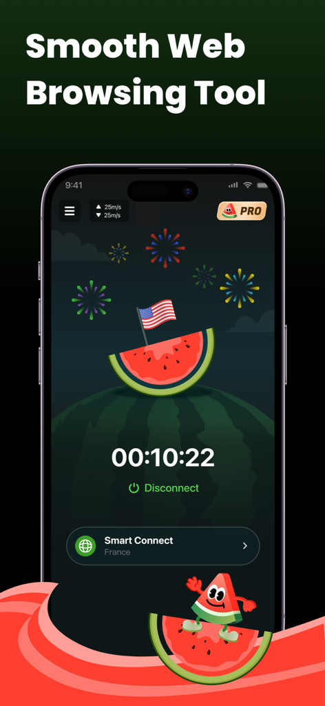 Melon VPN app interface showing a connected session with a timer and smart connect features
