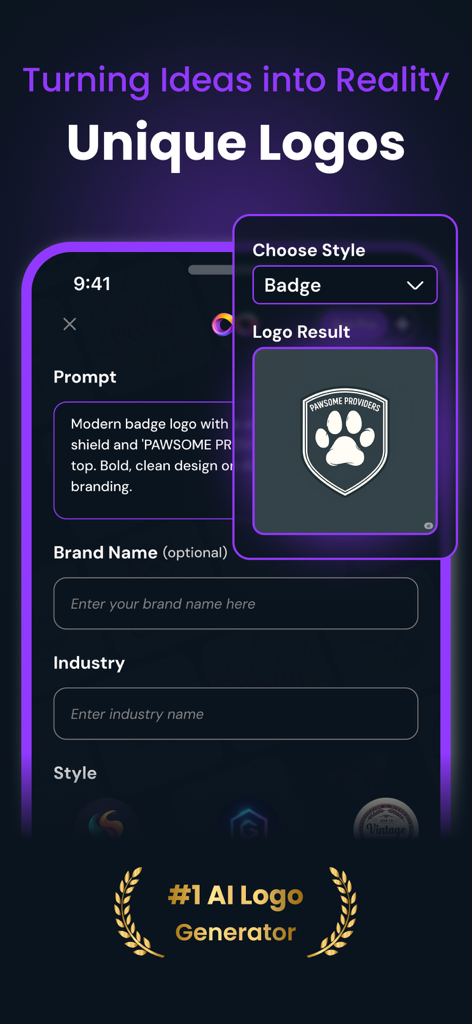 Oberfläche der KI-Logo-Maker-App, die eine Eingabeaufforderung für ein modernes Abzeichen-Logo und ein generiertes Schild-Ergebnis mit einer Pfotenabdruck-Grafik zeigt