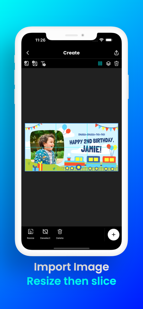 Docuslice - Poster Printing - Docuslice app interface showing a custom birthday banner being resized and sliced into printable tiles for home printing