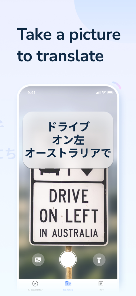 Una pantalla de smartphone usando la aplicación Translator AI para traducir una señal de carretera del inglés al japonés usando la cámara