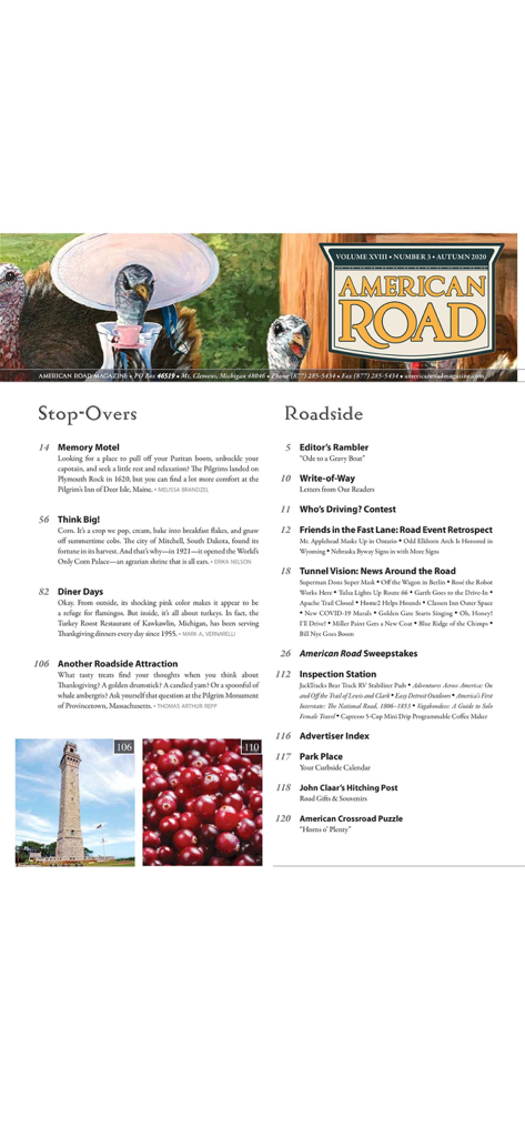 American Road Magazine - Table of contents for American Road Magazine featuring road trip stories and travel tips