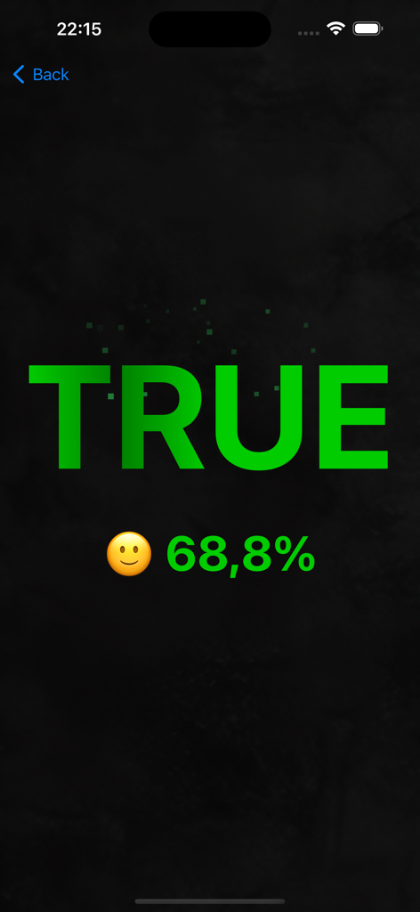 Lie Detector Test Scan - Lie detector app screen showing a true result with a sixty-eight percent accuracy score and a smiling emoji