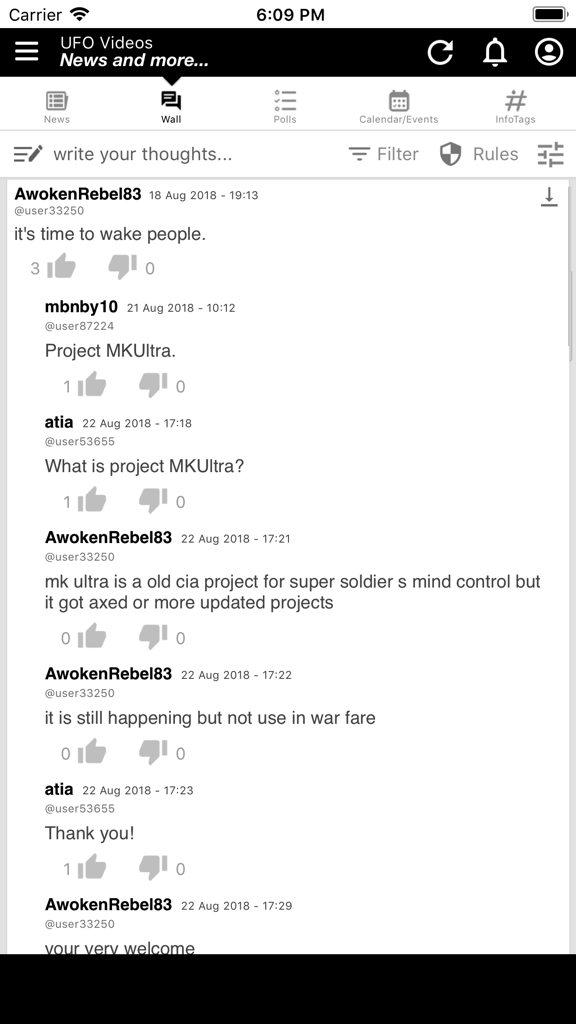 UFO Videos, News & more... - The Wall section of the UFO Videos app featuring a user community discussion thread.