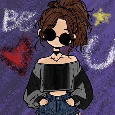 girl with a messy ponytail glasses a baggy crop top and jean shorts