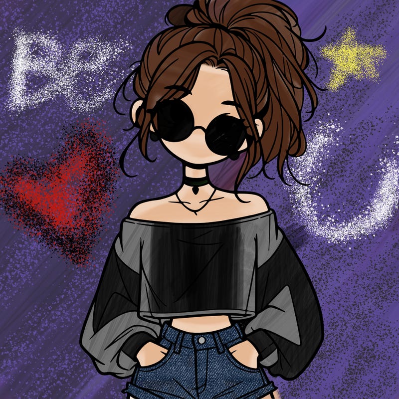 girl with a messy ponytail glasses a baggy crop top and jean shorts