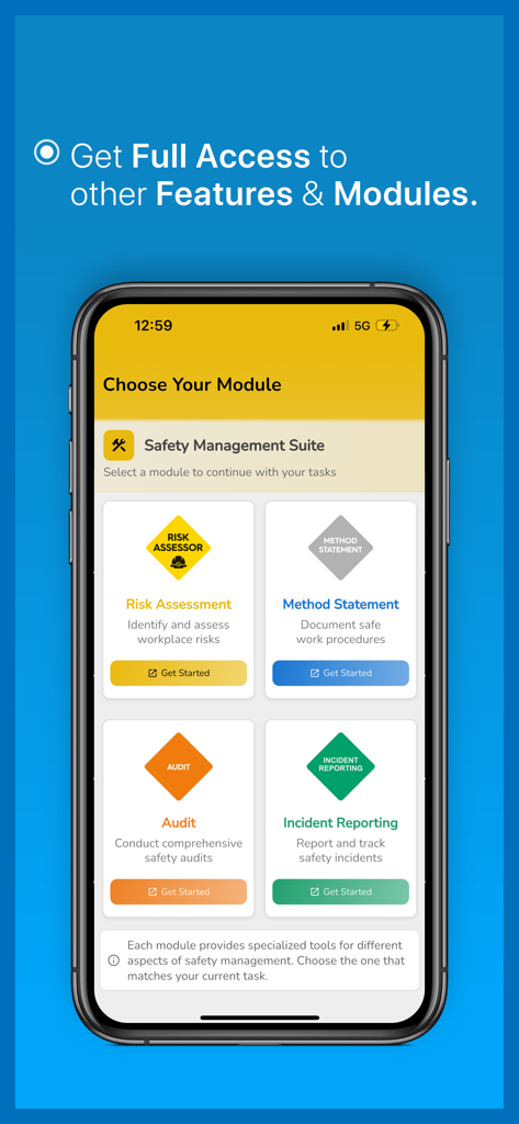 Risk Assessor Pro - Smartphone screen displaying Risk Assessor Pro safety management modules including risk assessment and incident reporting