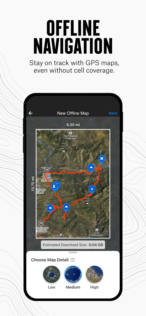 onX Backcountry: Trail GPS App - Interface de l'application onX Backcountry montrant la fonction de téléchargement de carte hors ligne avec des niveaux de détail sélectionnables pour la navigation hors-piste.