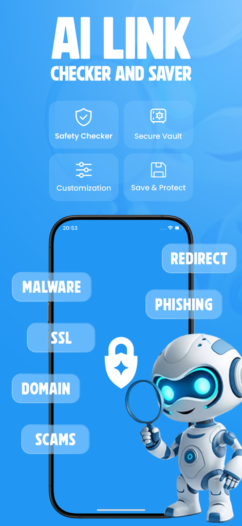 AI Link Checker and Saver app interface showing security features for malware and phishing detection