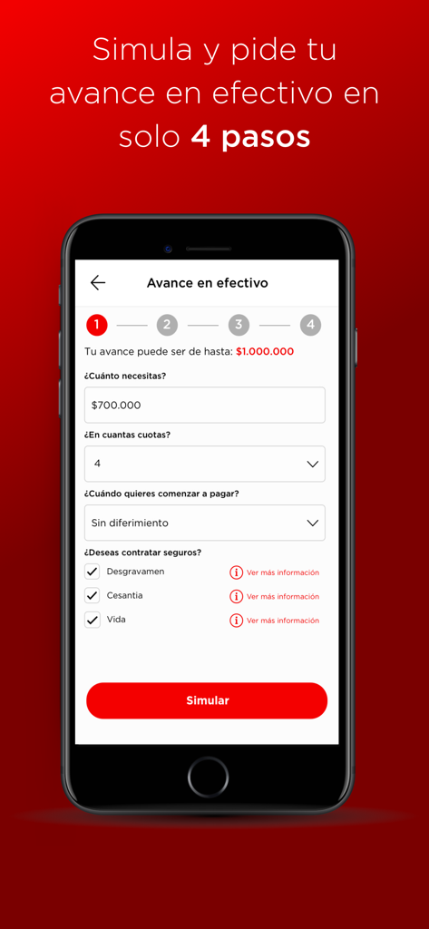 Mi Tricot Visa - Mi Tricot Visa app cash advance simulation screen with installment options