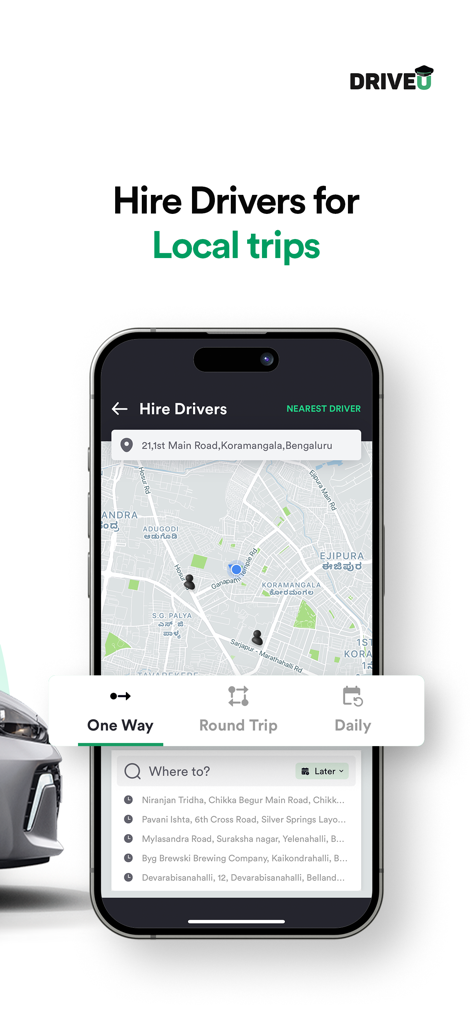 DriveU: Car Drivers & Services - DriveU mobile app screen showing options to hire drivers for local one way or round trips with a map interface