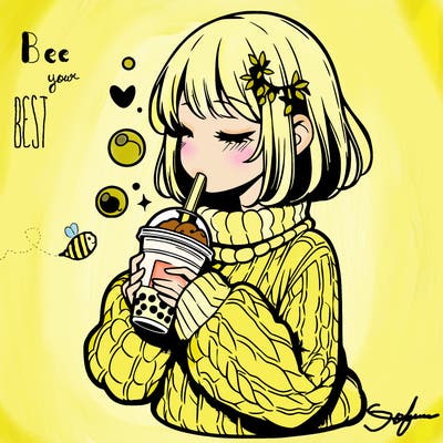 manga girl drinking boba in cozy sweater