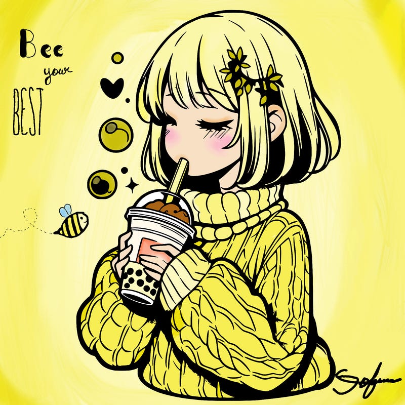 manga girl drinking boba in cozy sweater