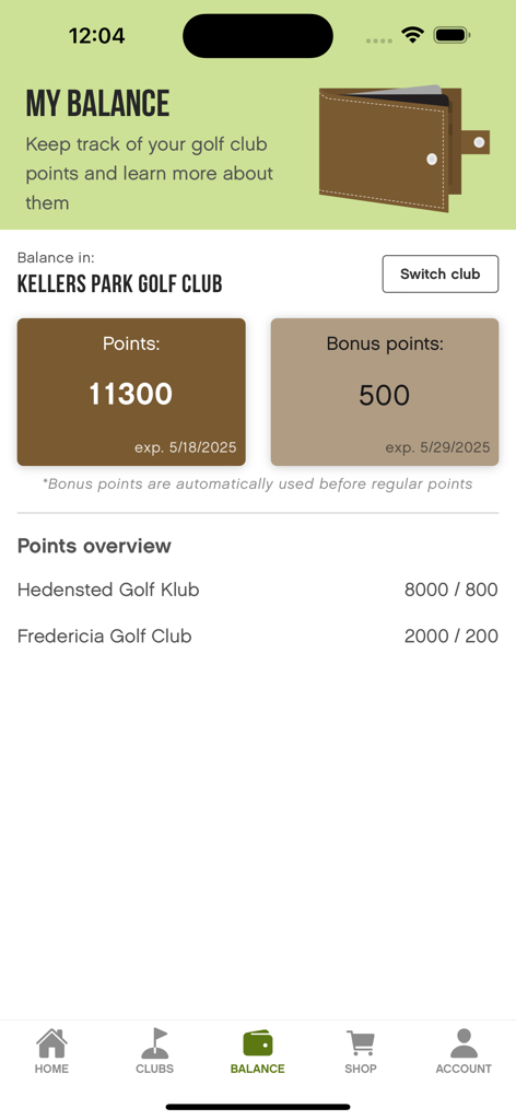 Compu Golf - Interfaz de la aplicación Compu Golf mostrando el saldo del usuario y puntos de bonificación para Kellers Park Golf Club