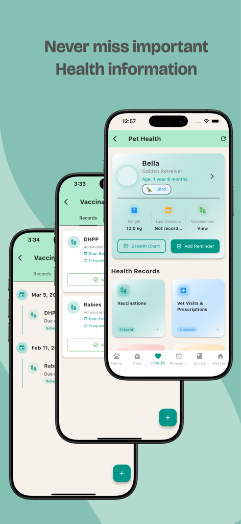 PetBuddy: Pet Care Companion - Interfaz de la aplicación PetBuddy en un iPhone que muestra información de salud de la mascota, registros de vacunación y gestión de documentos médicos