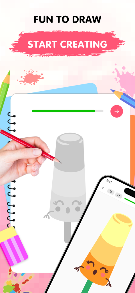 A hand drawing a cute popsicle character in a sketchbook next to a smartphone showing the finished colored version