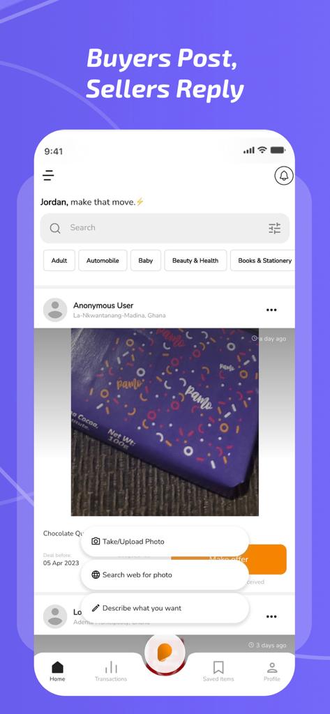 Pamo - Tela inicial do aplicativo móvel Pamo mostrando o feed de negociação onde os compradores postam solicitações de itens para os vendedores responderem