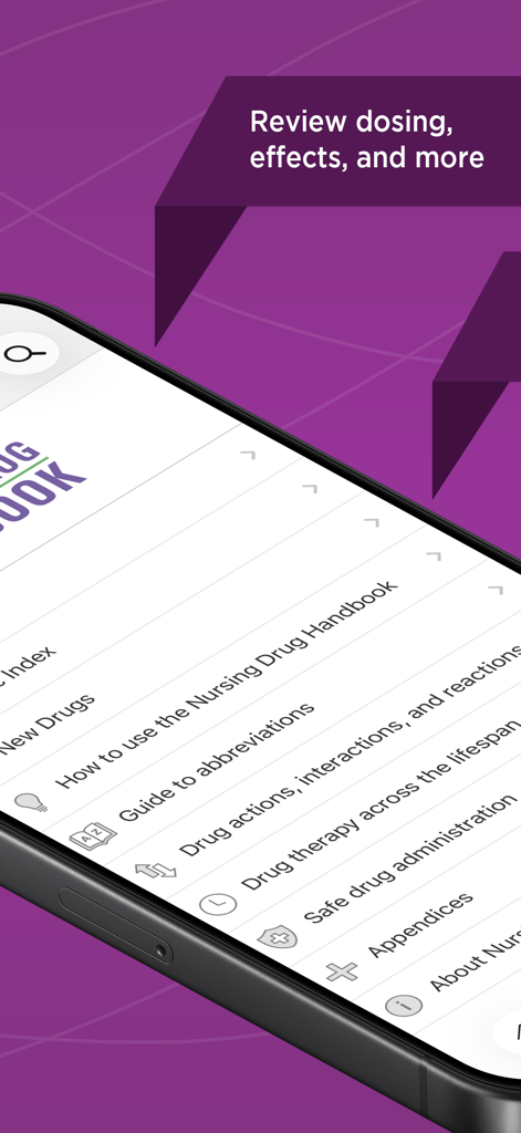 Mobile app interface of Nursing Drug Handbook showing a menu with clinical pharmacology topics and drug safety guides