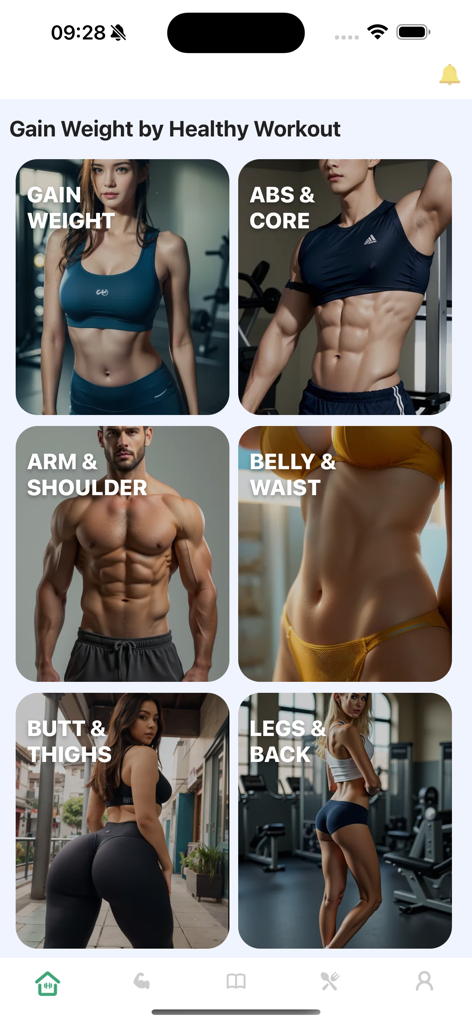 Workout for Underweight - Mobile app screen showing various workout categories for weight gain including abs core arm shoulder belly waist butt thighs legs and back
