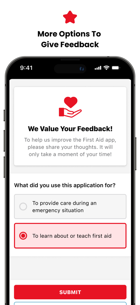 First Aid: American Red Cross - Feedback-Umfragebildschirm in der American Red Cross Erste Hilfe App, in dem nach Nutzerfeedback gefragt wird