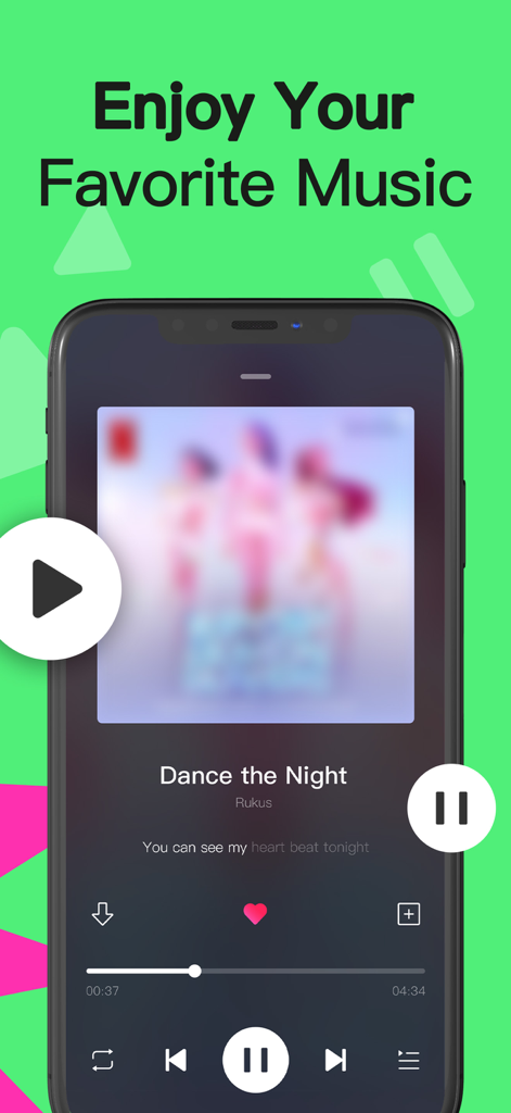 Music Tune - Offline Player - A smartphone displaying the Music Tune app interface with a music player screen featuring playback controls and lyrics on a green background