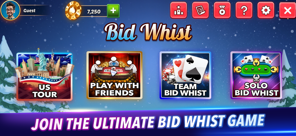 Spades Bid Whist: Card Games - La pantalla del menú principal de Spades Bid Whist con modos de juego como US Tour y Team Bid Whist.