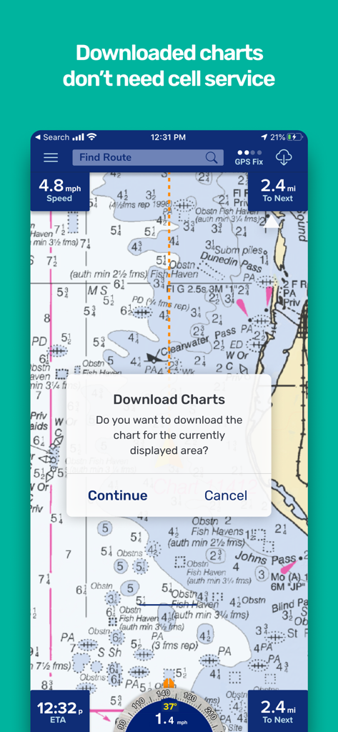PRO CHARTS - Marine Navigation - 海事ナビゲーションアプリのインターフェイス。海事チャートと、セルサービスなしでオフライン使用のためにマップをダウンロードするプロンプトが表示されています。