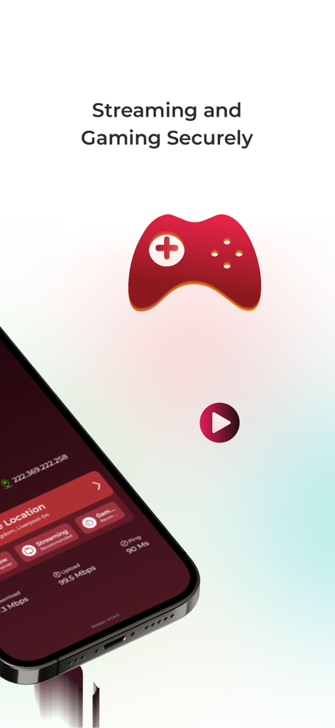 Symlex VPN app interface showcasing secure streaming and gaming features with low ping and fast speeds