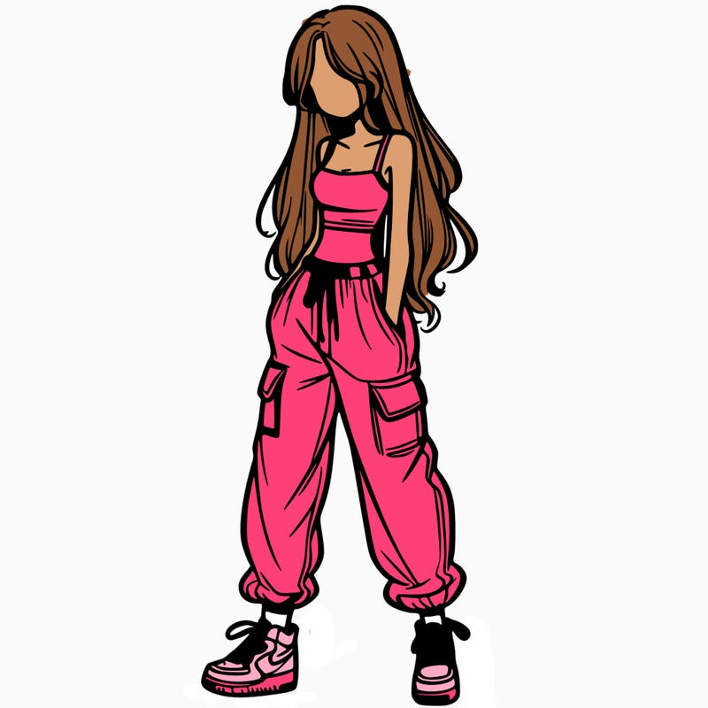 girl in baggy pants crop top and long hair