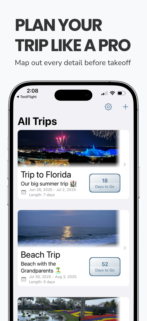 Pocket Trip Planner - Pocket Trip Planner app displaying an organized list of upcoming trips with countdowns and dates.