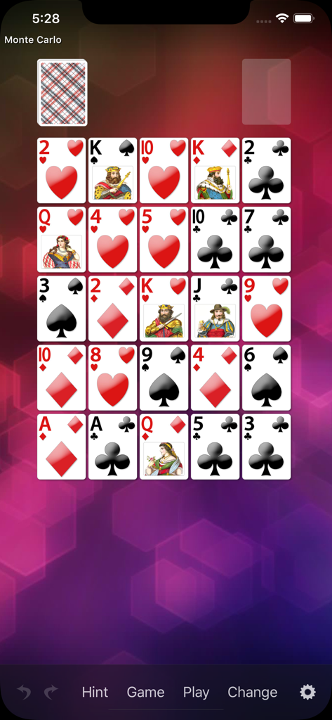 BVS Solitaire Collection - Monte Carlo solitaire gameplay screen with a five by five grid of playing cards over a purple background
