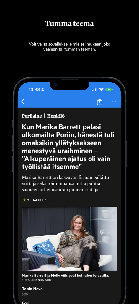 Interfaccia dell'app di notizie Satakunnan Kansa che mostra un articolo con il tema scuro attivato