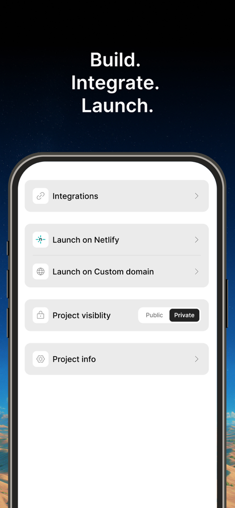 A screenshot of the Rocket app interface displaying options for integrations, Netlify deployment, custom domains, and project visibility settings.