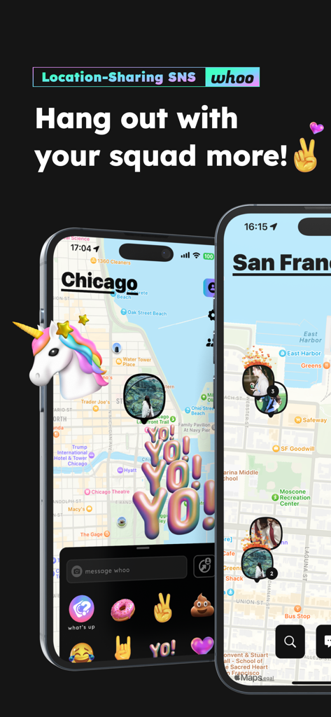 カラフルなステッカーと絵文字で地図上の友達の位置を示すwhooアプリのスクリーンショット