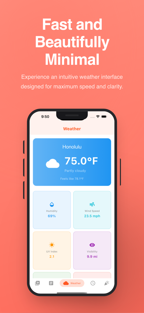 Wayfarer - USA Travel & Info - Minimal weather interface of the Wayfarer USA Travel app showing temperature and humidity for Honolulu