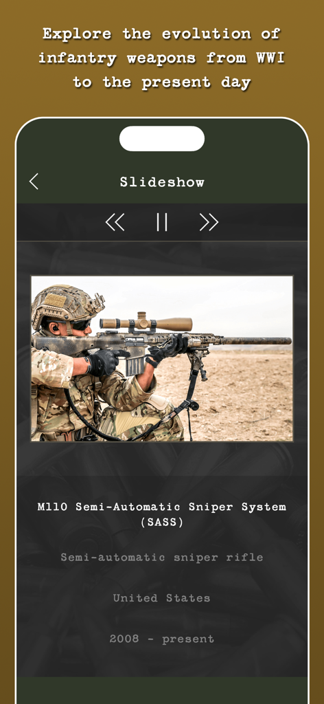 Guess the Modern Firearm - App screen showing the M110 Semi-Automatic Sniper System with its service history and technical details.