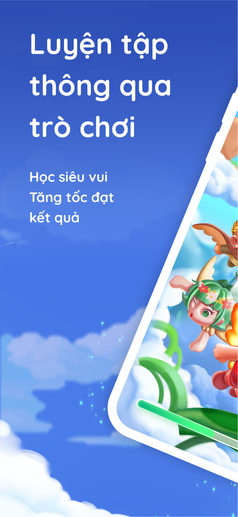 OVI Kids - Captura de pantalla de la aplicación OVI Kids que muestra la práctica a través de juegos con un personaje de dibujos animados en un cielo azul.