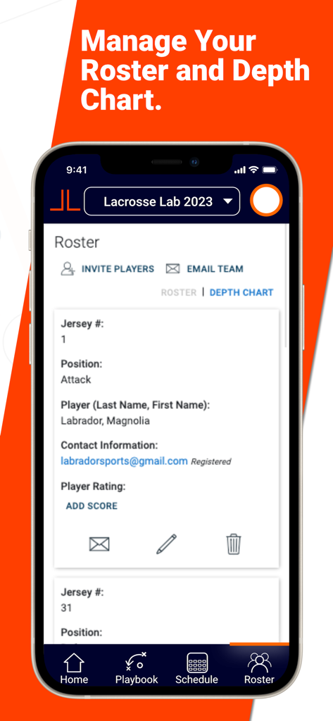 Lacrosse Lab - Lacrosse Lab mobile app interface displaying the team roster and player depth chart details