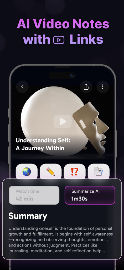 AI Note Taker mobile app interface displaying a text summary generated from a YouTube video link