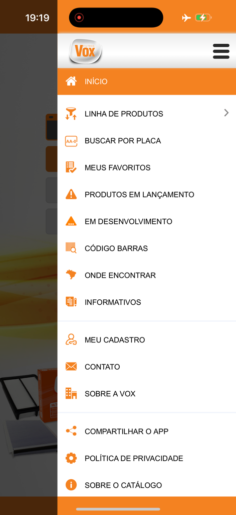 Side navigation menu of the Filtros Vox mobile app showing product categories and search options