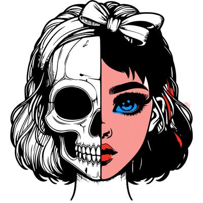 realistic girl with half skull mask
