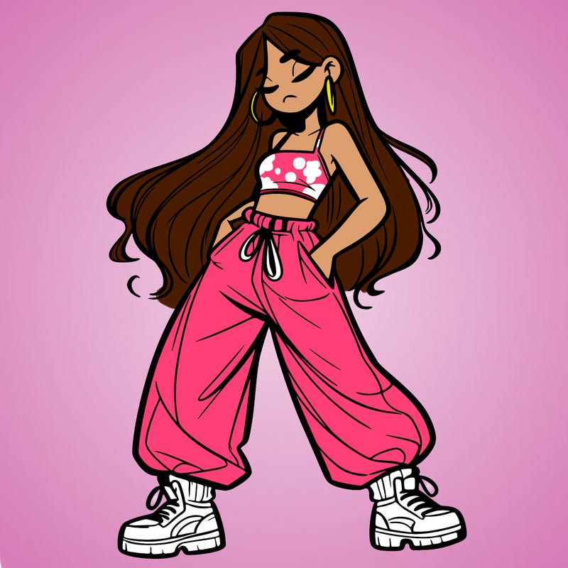 girl in baggy pants crop top and long hair