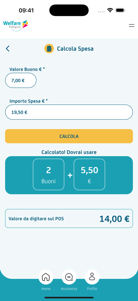 Pellegrini Card app expense calculator screen showing the number of meal vouchers and remaining balance needed for a transaction