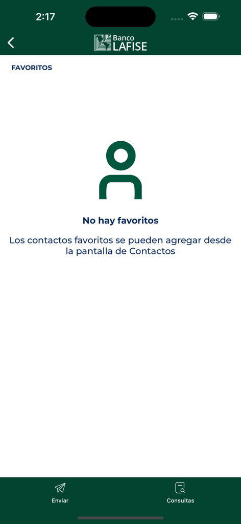 SINPE MOVIL LAFISE - Empty favorites screen in the SINPE MOVIL LAFISE mobile banking app