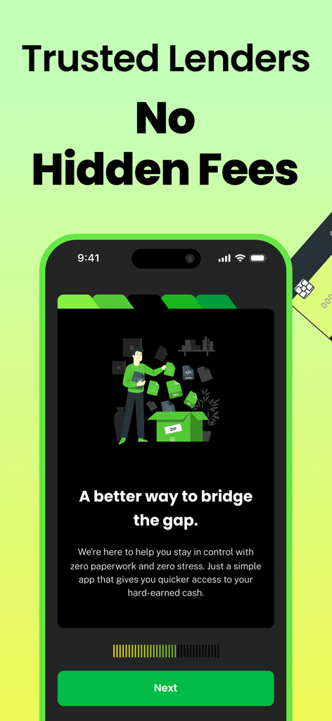 Payday Advance - Payday Bridge - Payday Bridge app onboarding screen emphasizing trusted lenders and no hidden fees