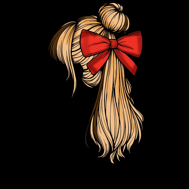 realistic girl  with hip length hair a bun and a big bow on the back of head